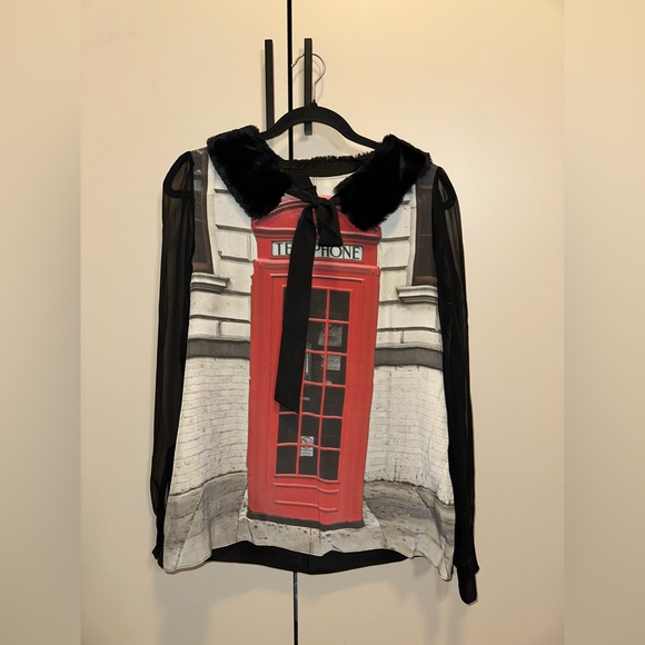Moschino Tops - MOSCHINO Vintage 100% Silk Black & Red Sheer Phone Booth Blouse Size 12